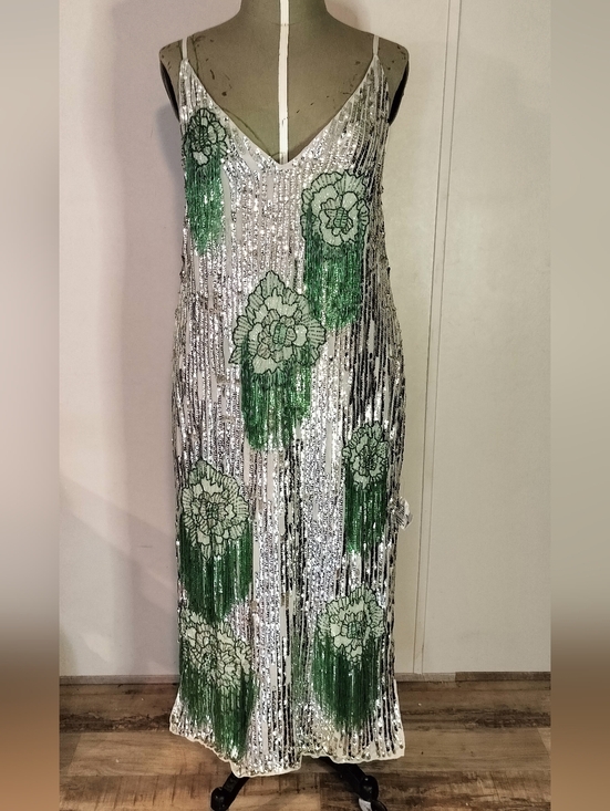 ASOS Dresses & Skirts - Silver Sequin Slip Dress with Green Floral Fringe